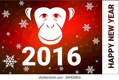 red monkey silhouette postcard low poly style with white snow vector illustration consisting of triangles. Abstract triangular polygonal origami or crystal background of New Years celebration.