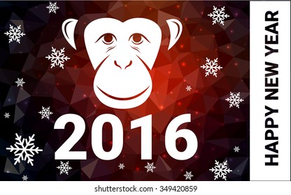 red monkey silhouette postcard low poly style with white snow vector illustration consisting of triangles. Abstract triangular polygonal origami or crystal background of New Years celebration.