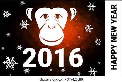 red monkey silhouette postcard low poly style with white snow vector illustration consisting of triangles. Abstract triangular polygonal origami or crystal background of New Years celebration.