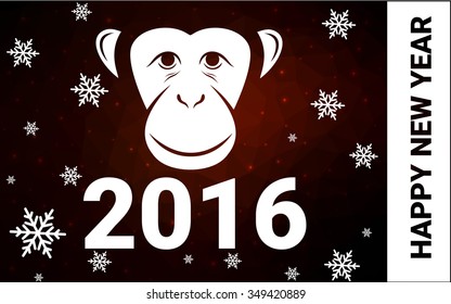 red monkey silhouette postcard low poly style with white snow vector illustration consisting of triangles. Abstract triangular polygonal origami or crystal background of New Years celebration.