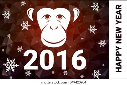 red monkey silhouette postcard low poly style with white snow vector illustration consisting of triangles. Abstract triangular polygonal origami or crystal background of New Years celebration.