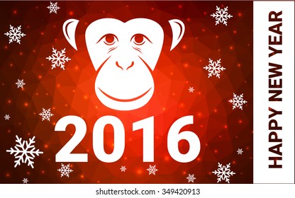 red monkey silhouette postcard low poly style with white snow vector illustration consisting of triangles. Abstract triangular polygonal origami or crystal background of New Years celebration.