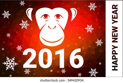 red monkey silhouette postcard low poly style with white snow vector illustration consisting of triangles. Abstract triangular polygonal origami or crystal background of New Years celebration.