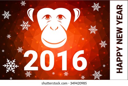 red monkey silhouette postcard low poly style with white snow vector illustration consisting of triangles. Abstract triangular polygonal origami or crystal background of New Years celebration.