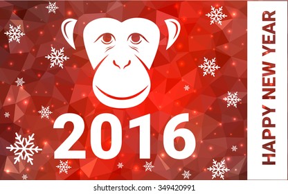 red monkey silhouette postcard low poly style with white snow vector illustration consisting of triangles. Abstract triangular polygonal origami or crystal background of New Years celebration.