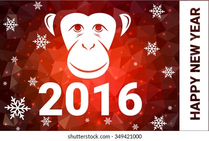 red monkey silhouette postcard low poly style with white snow vector illustration consisting of triangles. Abstract triangular polygonal origami or crystal background of New Years celebration.