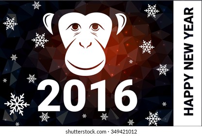 red monkey silhouette postcard low poly style with white snow vector illustration consisting of triangles. Abstract triangular polygonal origami or crystal background of New Years celebration.