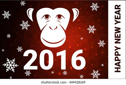 red monkey silhouette postcard low poly style with white snow vector illustration consisting of triangles. Abstract triangular polygonal origami or crystal background of New Years celebration.