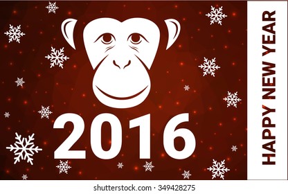 red monkey silhouette postcard low poly style with white snow vector illustration consisting of triangles. Abstract triangular polygonal origami or crystal background of New Years celebration.