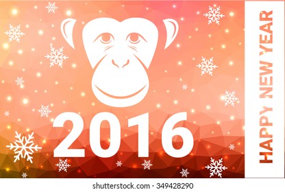 red monkey silhouette postcard low poly style with white snow vector illustration consisting of triangles. Abstract triangular polygonal origami or crystal background of New Years celebration.