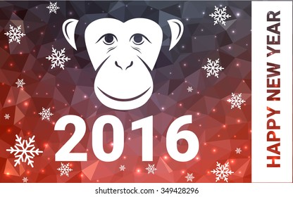 red monkey silhouette postcard low poly style with white snow vector illustration consisting of triangles. Abstract triangular polygonal origami or crystal background of New Years celebration.