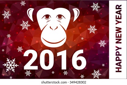 red monkey silhouette postcard low poly style with white snow vector illustration consisting of triangles. Abstract triangular polygonal origami or crystal background of New Years celebration.