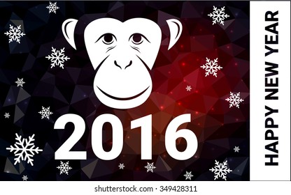 red monkey silhouette postcard low poly style with white snow vector illustration consisting of triangles. Abstract triangular polygonal origami or crystal background of New Years celebration.