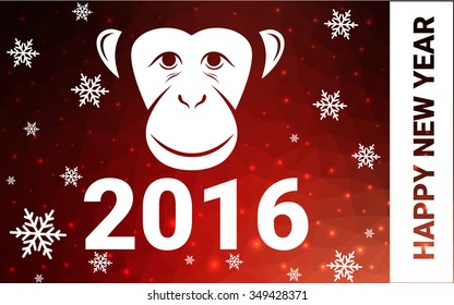 red monkey silhouette postcard low poly style with white snow vector illustration consisting of triangles. Abstract triangular polygonal origami or crystal background of New Years celebration.
