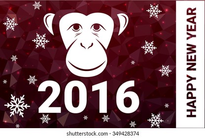 red monkey silhouette postcard low poly style with white snow vector illustration consisting of triangles. Abstract triangular polygonal origami or crystal background of New Years celebration.