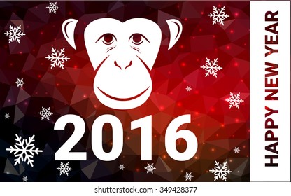 red monkey silhouette postcard low poly style with white snow vector illustration consisting of triangles. Abstract triangular polygonal origami or crystal background of New Years celebration.