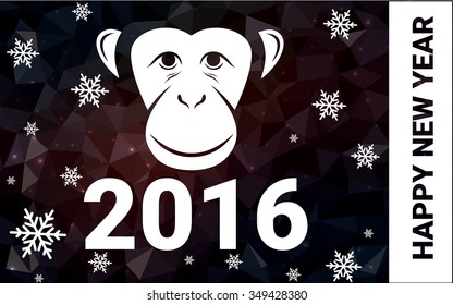 red monkey silhouette postcard low poly style with white snow vector illustration consisting of triangles. Abstract triangular polygonal origami or crystal background of New Years celebration.