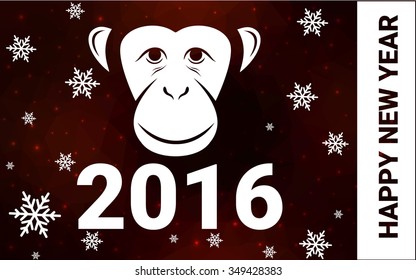red monkey silhouette postcard low poly style with white snow vector illustration consisting of triangles. Abstract triangular polygonal origami or crystal background of New Years celebration.