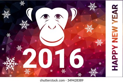 red monkey silhouette postcard low poly style with white snow vector illustration consisting of triangles. Abstract triangular polygonal origami or crystal background of New Years celebration.