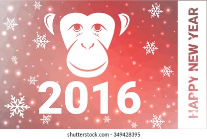 red monkey silhouette postcard low poly style with white snow vector illustration consisting of triangles. Abstract triangular polygonal origami or crystal background of New Years celebration.