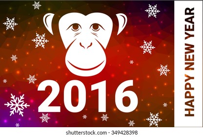 red monkey silhouette postcard low poly style with white snow vector illustration consisting of triangles. Abstract triangular polygonal origami or crystal background of New Years celebration.