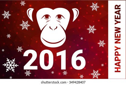 red monkey silhouette postcard low poly style with white snow vector illustration consisting of triangles. Abstract triangular polygonal origami or crystal background of New Years celebration.