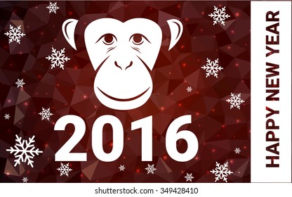 red monkey silhouette postcard low poly style with white snow vector illustration consisting of triangles. Abstract triangular polygonal origami or crystal background of New Years celebration.