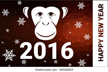 red monkey silhouette postcard low poly style with white snow vector illustration consisting of triangles. Abstract triangular polygonal origami or crystal background of New Years celebration.