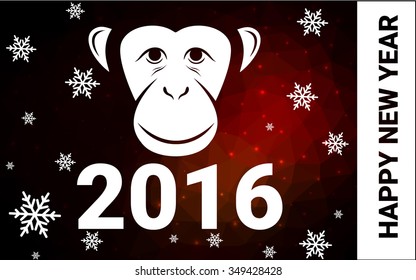 red monkey silhouette postcard low poly style with white snow vector illustration consisting of triangles. Abstract triangular polygonal origami or crystal background of New Years celebration.