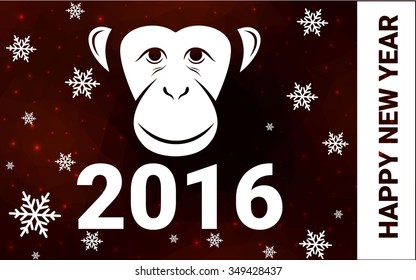red monkey silhouette postcard low poly style with white snow vector illustration consisting of triangles. Abstract triangular polygonal origami or crystal background of New Years celebration.