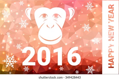 red monkey silhouette postcard low poly style with white snow vector illustration consisting of triangles. Abstract triangular polygonal origami or crystal background of New Years celebration.