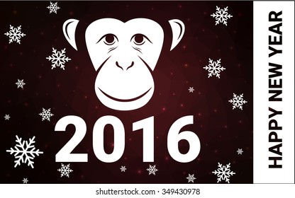 red monkey silhouette postcard low poly style with white snow vector illustration consisting of triangles. Abstract triangular polygonal origami or crystal background of New Years celebration.