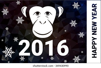 red monkey silhouette postcard low poly style with white snow vector illustration consisting of triangles. Abstract triangular polygonal origami or crystal background of New Years celebration.