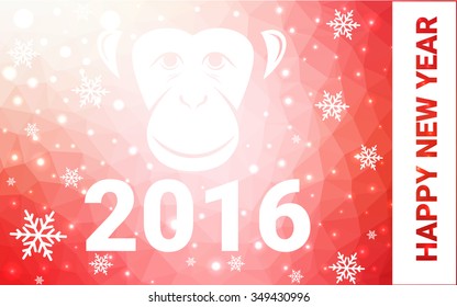 red monkey silhouette postcard low poly style with white snow vector illustration consisting of triangles. Abstract triangular polygonal origami or crystal background of New Years celebration.