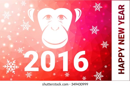 red monkey silhouette postcard low poly style with white snow vector illustration consisting of triangles. Abstract triangular polygonal origami or crystal background of New Years celebration.