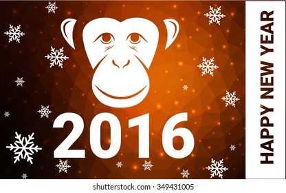 red monkey silhouette postcard low poly style with white snow vector illustration consisting of triangles. Abstract triangular polygonal origami or crystal background of New Years celebration.