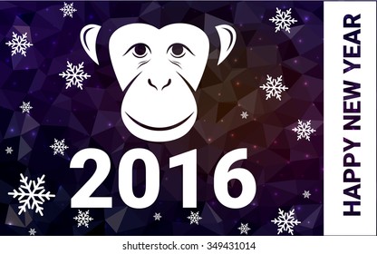 red monkey silhouette postcard low poly style with white snow vector illustration consisting of triangles. Abstract triangular polygonal origami or crystal background of New Years celebration.