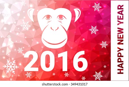 red monkey silhouette postcard low poly style with white snow vector illustration consisting of triangles. Abstract triangular polygonal origami or crystal background of New Years celebration.