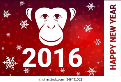 red monkey silhouette postcard low poly style with white snow vector illustration consisting of triangles. Abstract triangular polygonal origami or crystal background of New Years celebration.