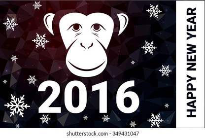 red monkey silhouette postcard low poly style with white snow vector illustration consisting of triangles. Abstract triangular polygonal origami or crystal background of New Years celebration.