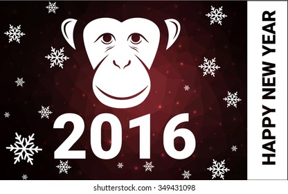 red monkey silhouette postcard low poly style with white snow vector illustration consisting of triangles. Abstract triangular polygonal origami or crystal background of New Years celebration.