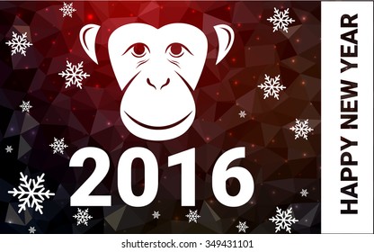 red monkey silhouette postcard low poly style with white snow vector illustration consisting of triangles. Abstract triangular polygonal origami or crystal background of New Years celebration.