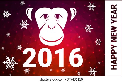 red monkey silhouette postcard low poly style with white snow vector illustration consisting of triangles. Abstract triangular polygonal origami or crystal background of New Years celebration.