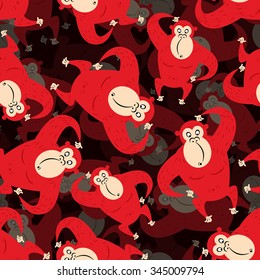 Red monkey surround background. Seamless pattern from gorilla. Wild animal from jungle. Texture of mammals is symbol of Chinese new year.
