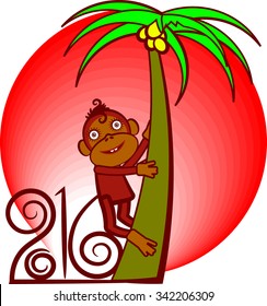 Red monkey,2016.
Monkey with curly tail as a number six holds hands behind a palm tree