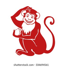 Red monkey.Chinese zodiac.Translation symbol of 2016 year sign,icon,isolated shape,logo.Monkey holding peach.New year holiday Vector background