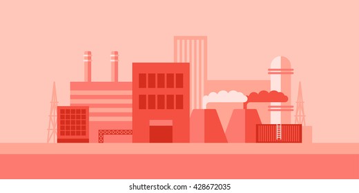 Red monochrome flat vector illustration of factory buildings