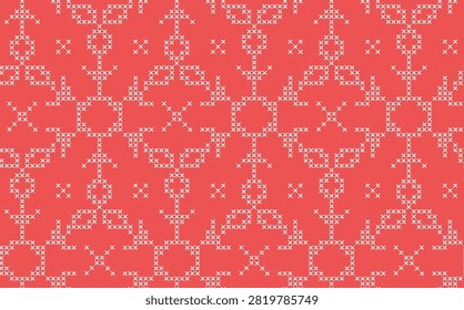 Red monochrome seamless pattern with classic geometric snowflakes cross stitch embroidery motifs, adjustable thickness traditional needlecraft floral ornament for elegant rustic craft fabric