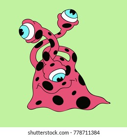 red monster with black dots and three-eyes smiling