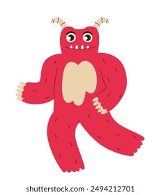 Red monster with fangs. Funny Halloween character.